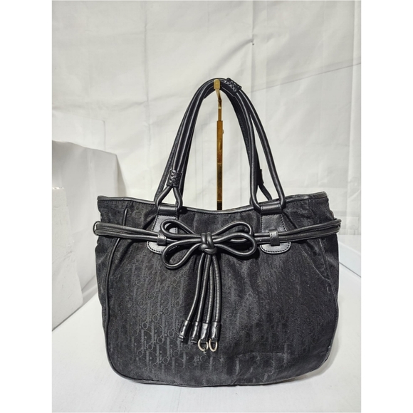 CHRISTIAN DIOR Trotter Canvas Bow Small Tote Bag Black - Picture 1 of 12